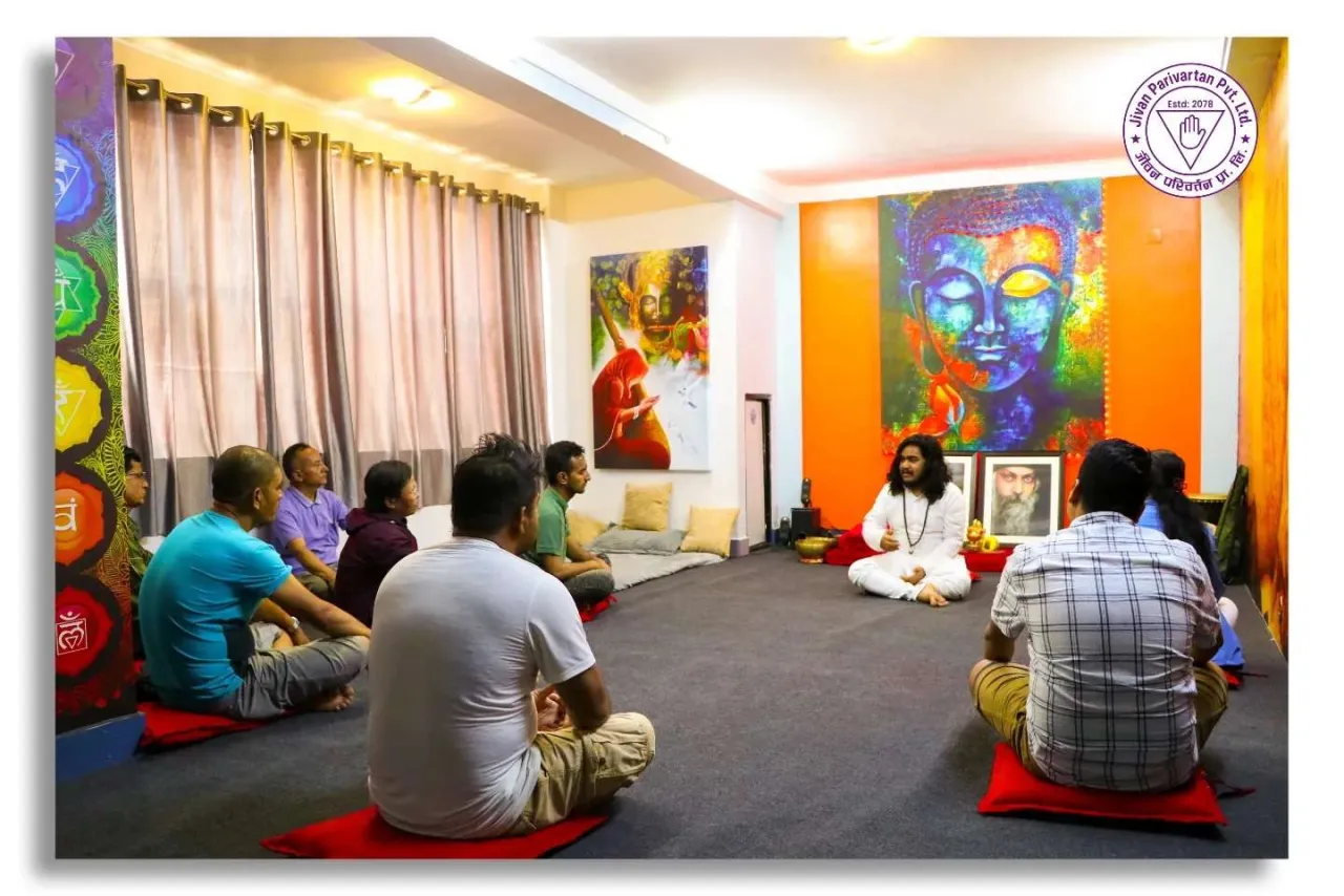 A group meditation in the practice hall at Jivan Parivartan, Tarkeshwor